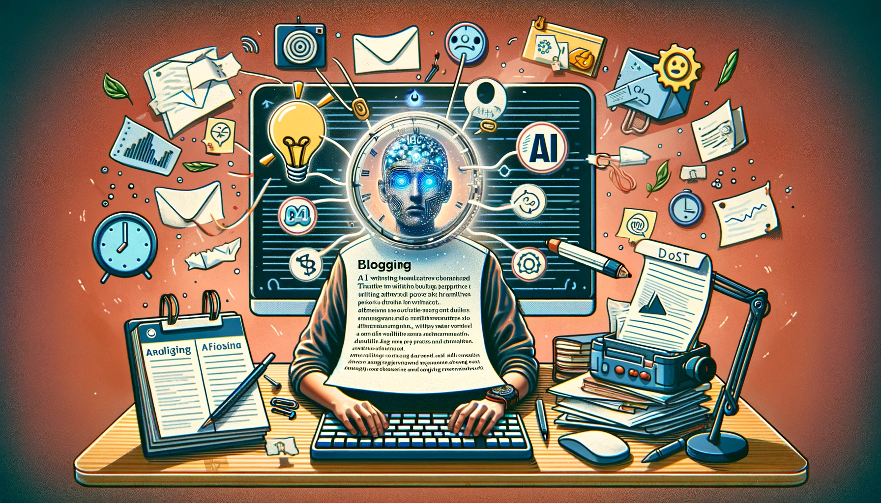 An image depicting the mixed emotions of a blogger using AI to aid in the writing process. The scene should illustrate a person sitting in front of a computer, with visible signs of relief and frustration. The screen should display a draft blog post, with AI technology visibly assisting in the creation process, perhaps through highlighted text or a virtual assistant icon. The blogger's expression should convey a mix of satisfaction and contemplation, reflecting the joy of overcoming writer's block and the challenges of ensuring personal voice within AI-generated content. Elements like scattered notes, a clock showing time pressure, and a light bulb symbolizing ideas should be included to represent the journey from concept to publication, highlighting the balance between human creativity and AI support in modern blogging.